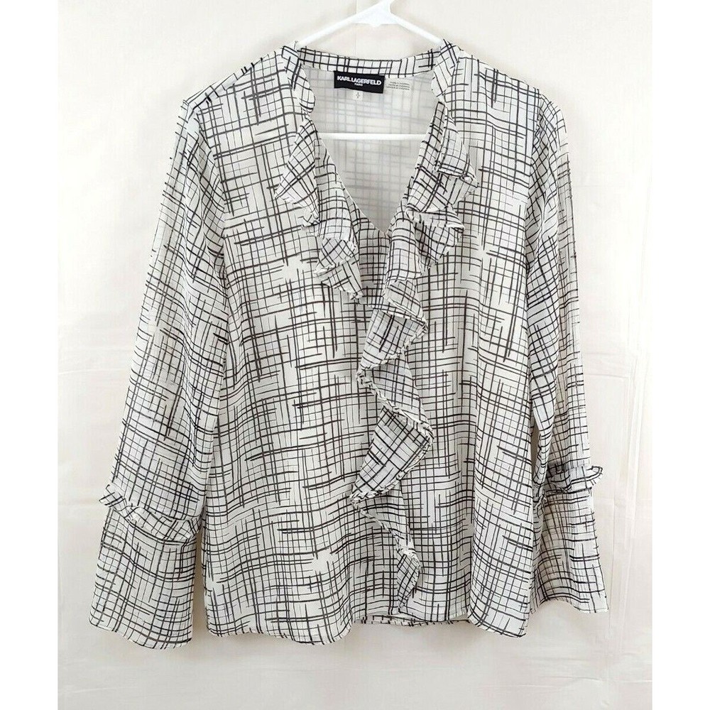 Karl Lagerfeld Womens Top Small Ruffle Front Long Sleeve Career Black White